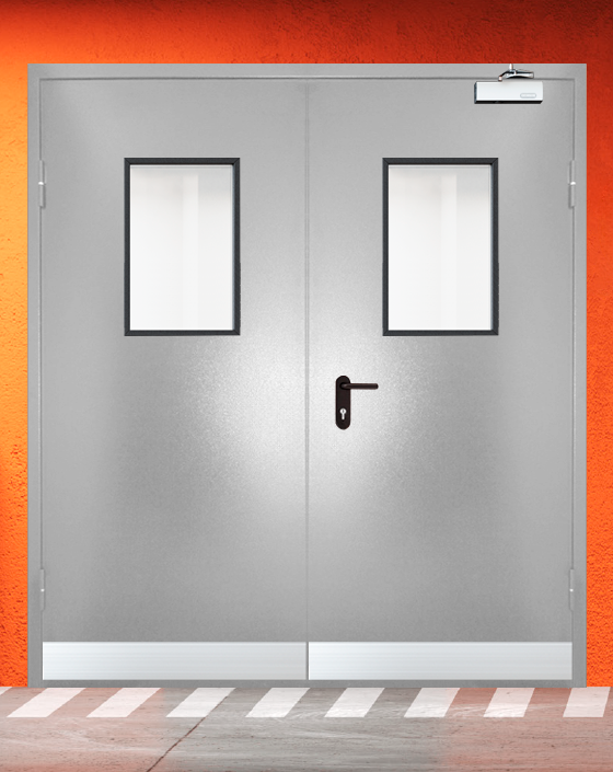 Противопожарная двупольная серая дверь порошковым напылением EIW 30 с прямоугольным окном, узким отбойником