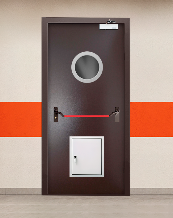 Противопожарная однопольная коричневая дверь порошковым напылением EIWS 45 с ручкой антипаника, круглым окном, стыковочным узлом