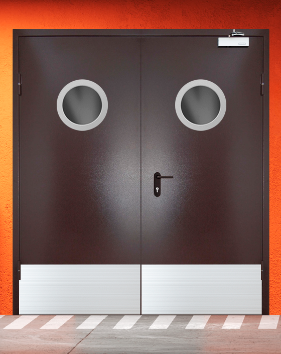 Противопожарная двупольная коричневая дверь порошковым напылением EIWS 30 с круглым окном, широким отбойником