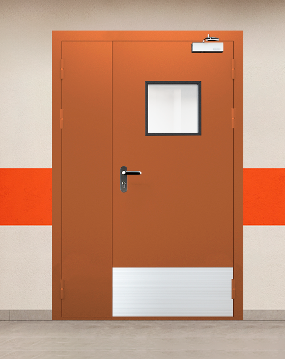 Противопожарная полуторная коричневая дверь EIS 45 с блестящей ручкой, квадратным окном, широким отбойником