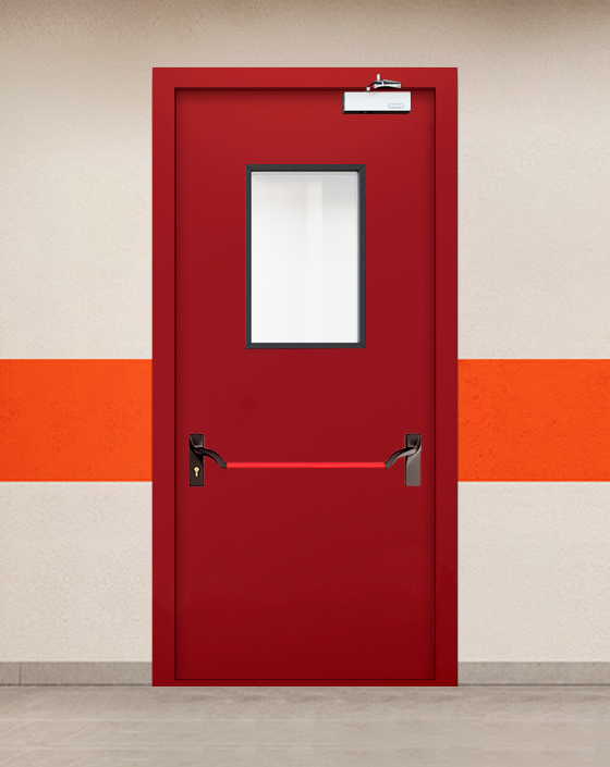 Противопожарная однопольная красная дверь EIWS 60 с ручкой антипаника, прямоугольным окном