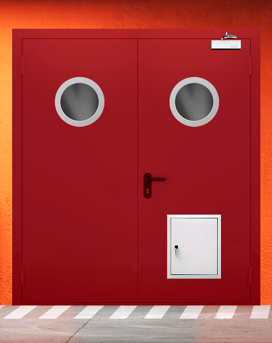 Противопожарная двупольная красная дверь EIWS 90 с круглым окном, стыковочным узлом