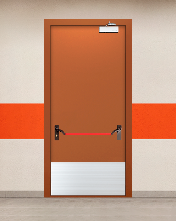 Противопожарная однопольная коричневая дверь EIW 60 с ручкой антипаника, широким отбойником