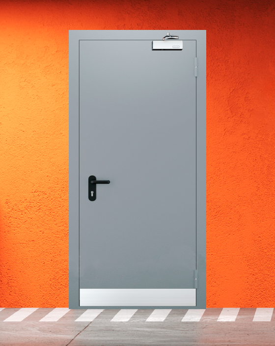 Противопожарная однопольная серая дверь EI 30 (3-го типа) с узким отбойником