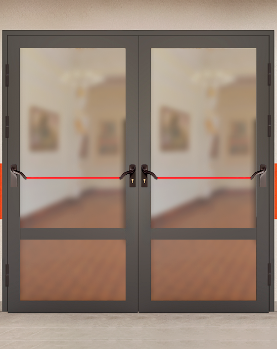 Противопожарная двупольная светопрозрачная стальная коричневая дверь EIW 30 без доводчика с ручкой антипаника