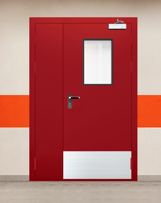 Противопожарная полуторная красная дверь EIWS 30 с блестящей ручкой, прямоугольным окном, широким отбойником