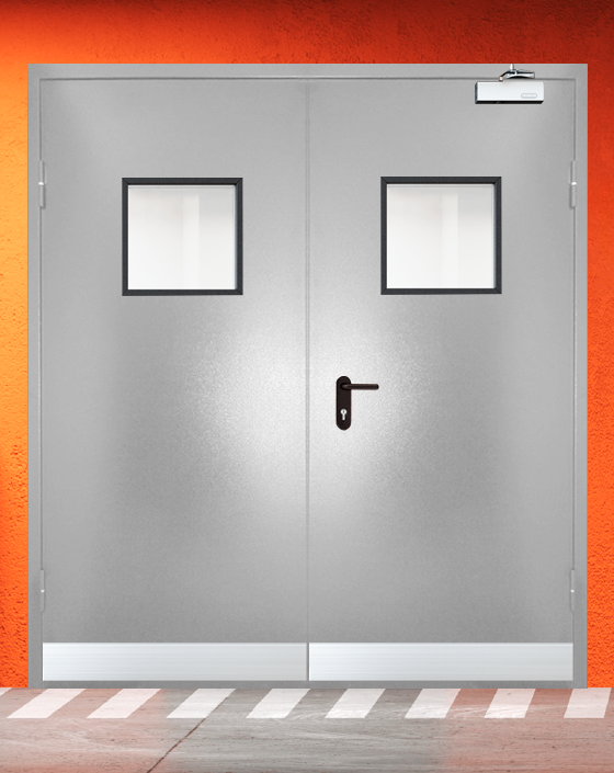Противопожарная двупольная серая дверь порошковым напылением EIW 30 с квадратным окном, узким отбойником