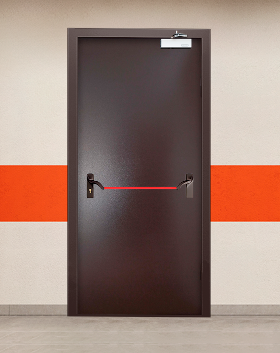 Противопожарная однопольная коричневая дверь порошковым напылением EIWS 45 с ручкой антипаника