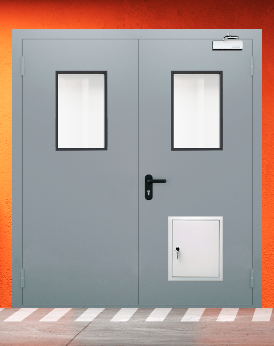 Противопожарная двупольная серая дверь EI-90 с прямоугольным окном, стыковочным узлом