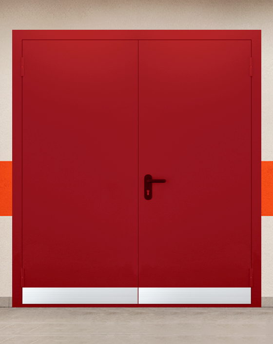 Противопожарная двупольная красная дверь EIWS 90 без доводчика с узким отбойником