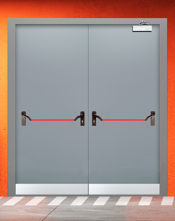 Противопожарная двупольная серая дверь EI 30 (3-го типа) с ручкой антипаника, узким отбойником