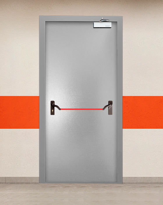 Противопожарная однопольная серая дверь порошковым напылением EIS 45 с ручкой антипаника