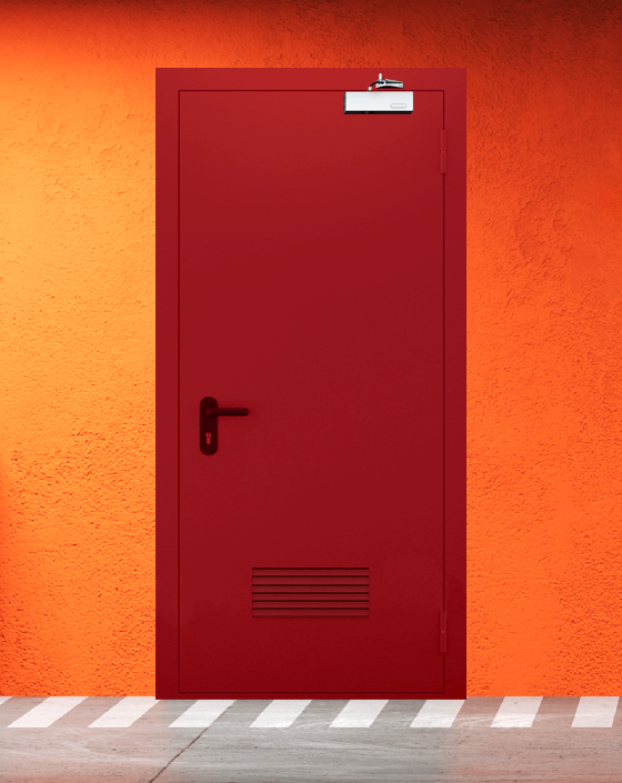 Противопожарная однопольная красная дверь EIW 45 с прямоугольной решеткой