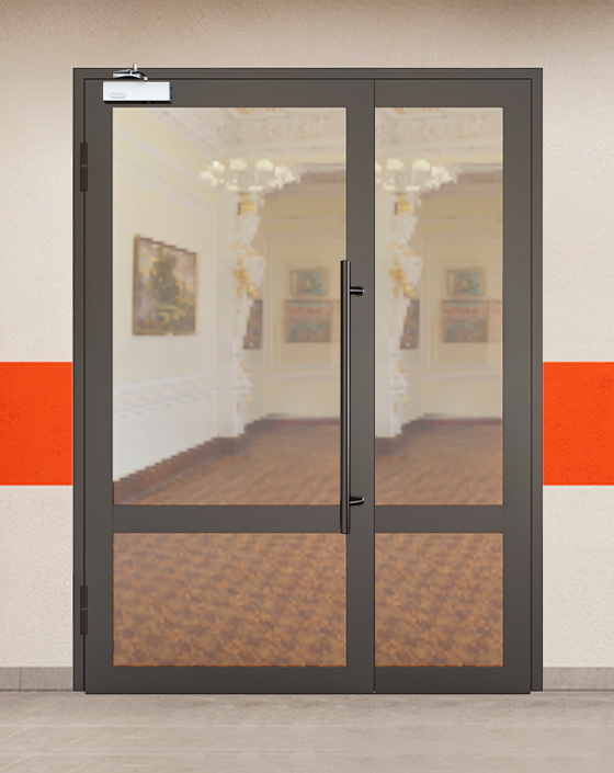 Противопожарная полуторная светопрозрачная стальная коричневая дверь EIW 60 с ручками скобами