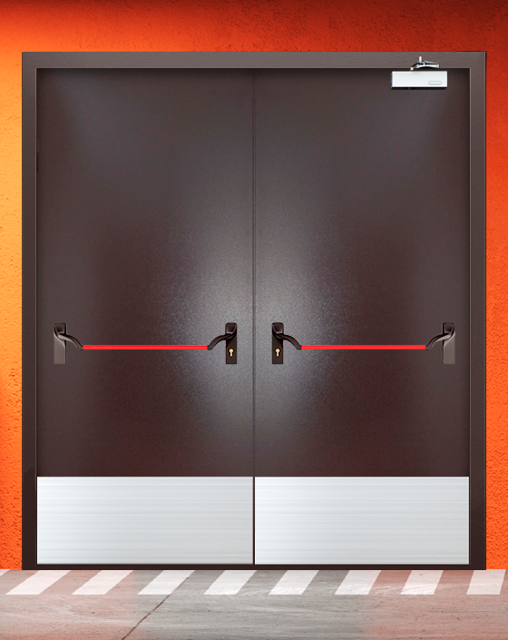 Противопожарная двупольная коричневая дверь порошковым напылением EIWS 60 с ручкой антипаника, широким отбойником