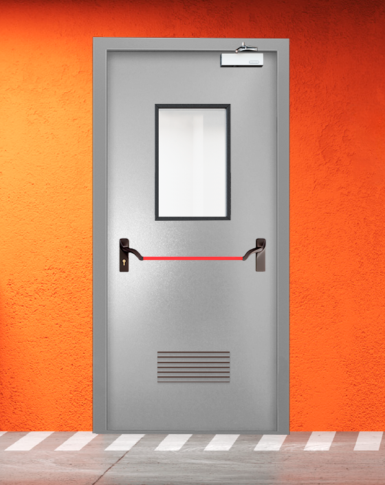 Противопожарная однопольная серая дверь порошковым напылением EIS 45 с ручкой антипаника, прямоугольным окном, прямоугольной решеткой