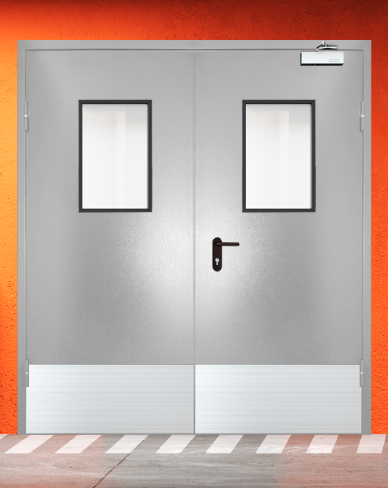 Противопожарная двупольная серая дверь порошковым напылением EIW 30 с прямоугольным окном, широким отбойником
