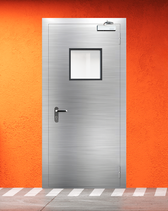 Противопожарная однопольная из нержавеющей стали серая дверь EI 45 с квадратным окном