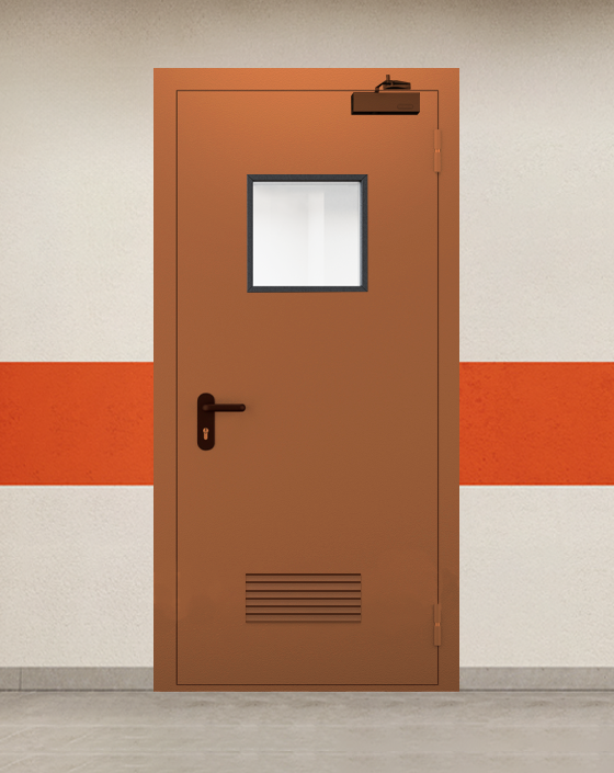 Противопожарная однопольная коричневая дверь EI 45 с квадратным окном, прямоугольной решеткой