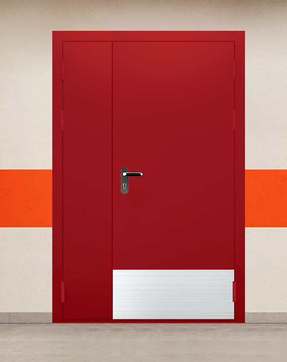 Противопожарная полуторная красная дверь EIWS 30 без доводчика с блестящей ручкой, широким отбойником