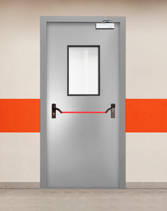Противопожарная однопольная серая дверь порошковым напылением EIS 45 с ручкой антипаника, прямоугольным окном