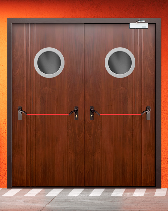 Противопожарная двупольная МДФ коричневая дверь с ручкой антипаника, круглым окном