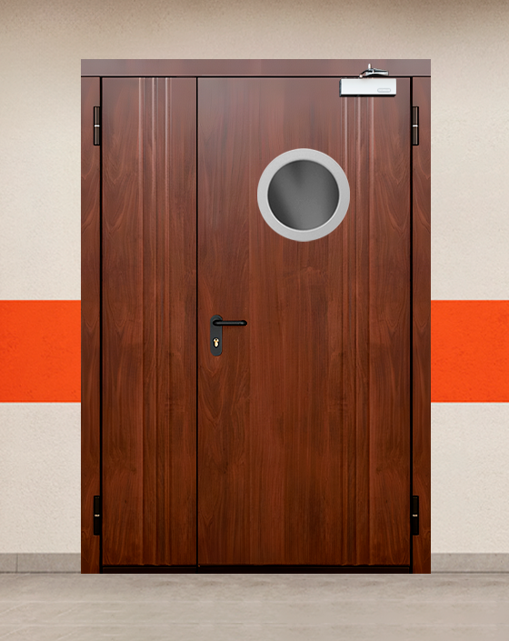 Противопожарная полуторная МДФ коричневая дверь с круглым окном