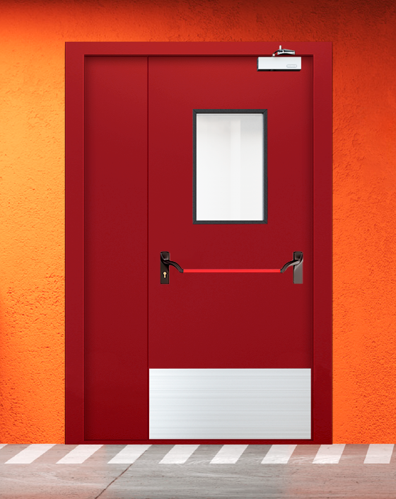 Противопожарная полуторная красная дверь EIW 60 с ручкой антипаника, прямоугольным окном, широким отбойником