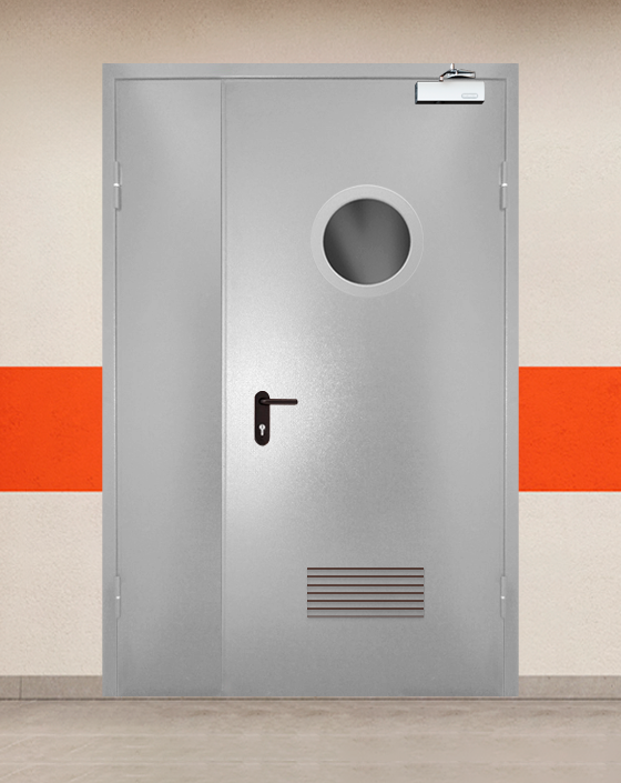 Противопожарная полуторная серая дверь порошковым напылением EIS 45 с круглым окном, прямоугольной решеткой