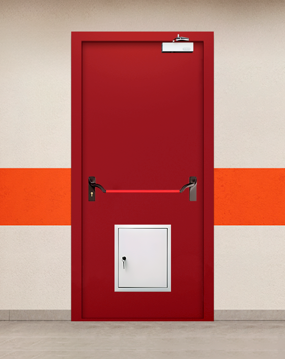 Противопожарная однопольная красная дверь EIWS 60 с ручкой антипаника, стыковочным узлом