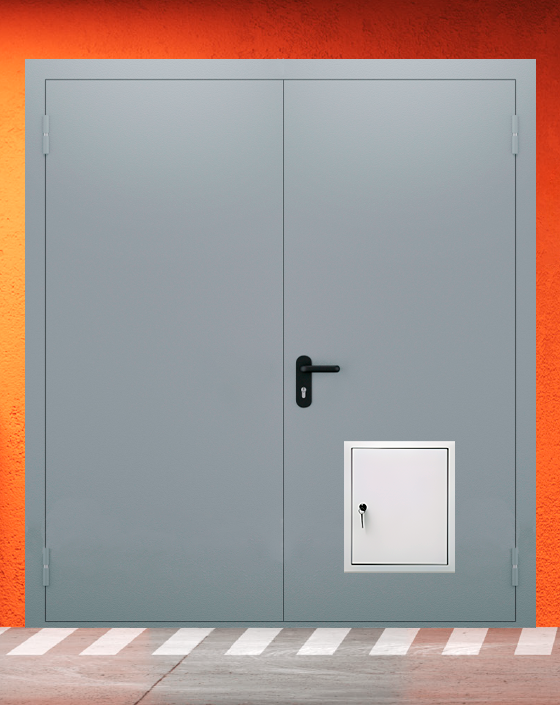 Противопожарная двупольная серая дверь EI-90 без доводчика с стыковочным узлом
