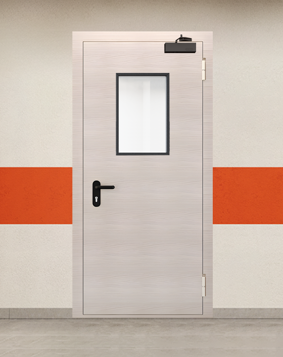 Противопожарная однопольная МДФ бежевая дверь EIS 90 с прямоугольным окном