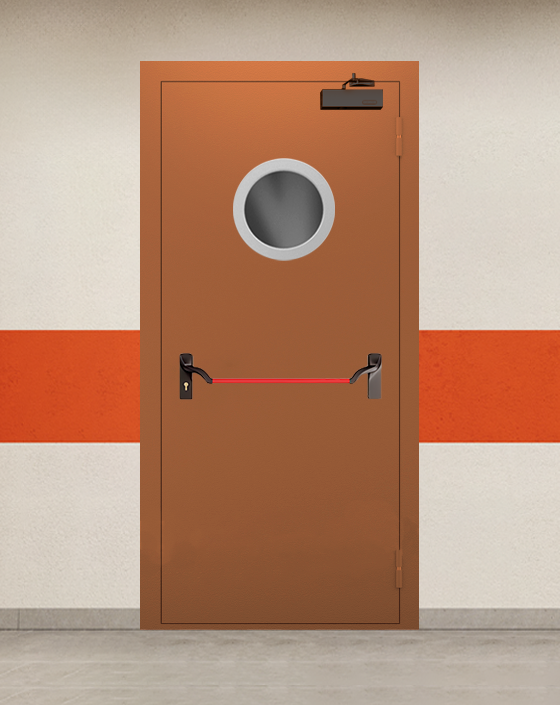 Противопожарная однопольная коричневая дверь EI 90 с ручкой антипаника, круглым окном