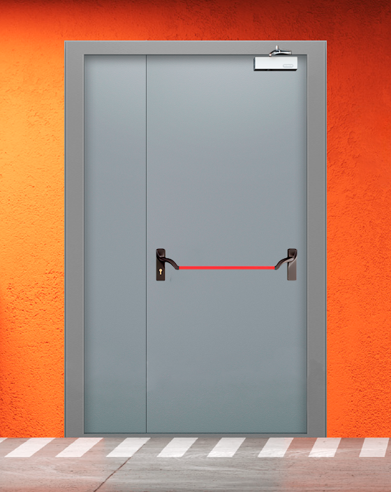 Противопожарная полуторная серая дверь EI 60 (2-го типа) с ручкой антипаника