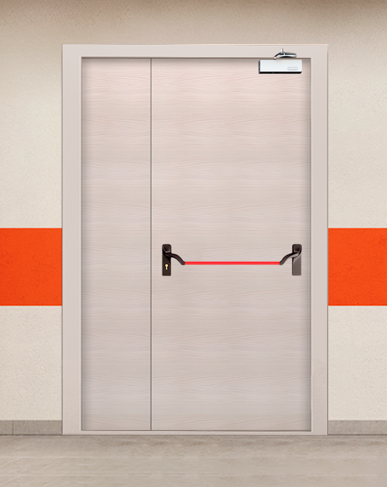 Противопожарная полуторная МДФ бежевая дверь с ручкой антипаника