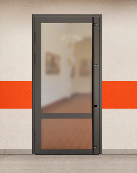 Противопожарная однопольная светопрозрачная стальная коричневая дверь EIW 30 без доводчика с ручками во всю высоту