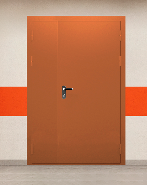 Противопожарная полуторная коричневая дверь EIS 45 без доводчика с блестящей ручкой