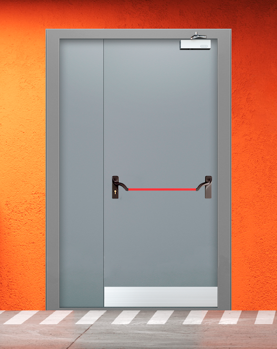 Противопожарная полуторная серая дверь EI 60 (2-го типа) с ручкой антипаника, узким отбойником