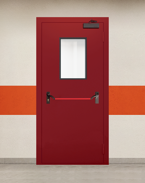 Противопожарная однопольная красная дверь EI 90 с ручкой антипаника, прямоугольным окном