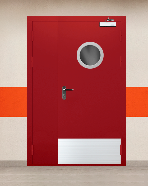 Противопожарная полуторная красная дверь EIWS 30 с блестящей ручкой, круглым окном, широким отбойником