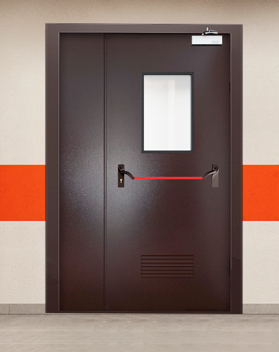 Противопожарная полуторная коричневая дверь порошковым напылением EIS 90 с ручкой антипаника, прямоугольным окном, прямоугольной решеткой