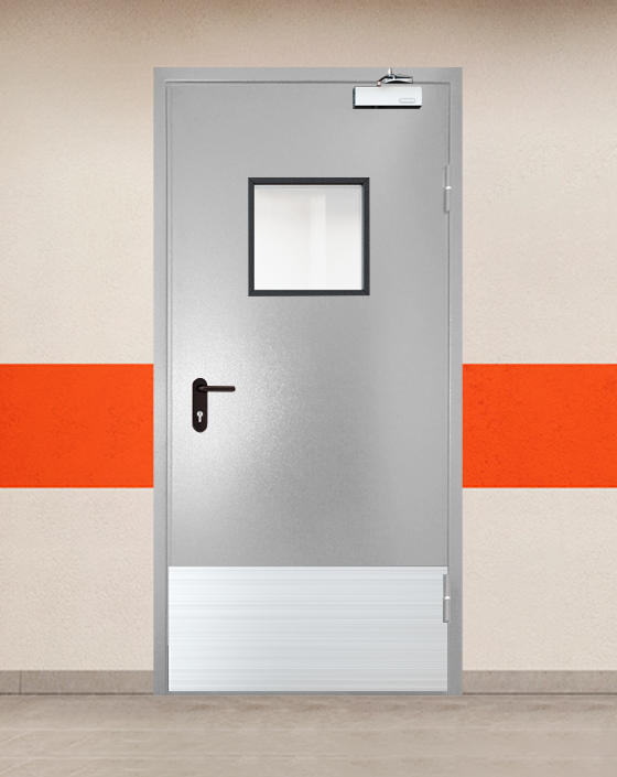 Противопожарная однопольная серая дверь порошковым напылением EI 45 с квадратным окном, широким отбойником