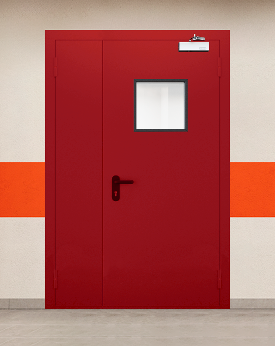 Противопожарная полуторная красная дверь EI 60 (2-го типа) с квадратным окном