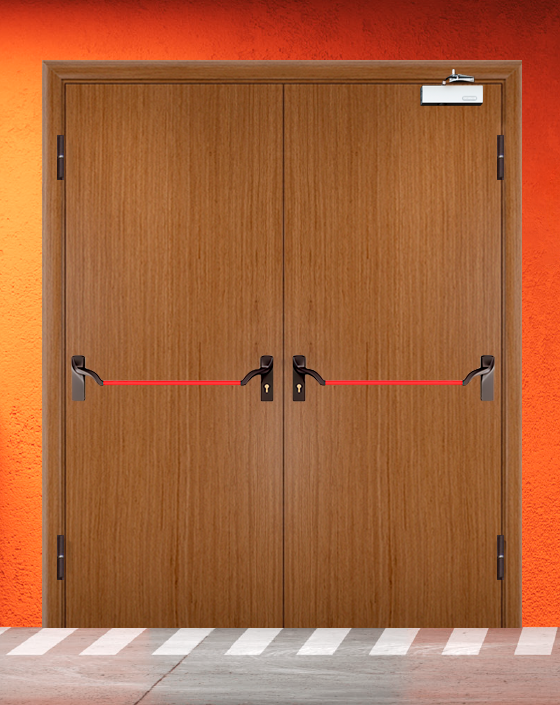 Противопожарная двупольная шпон дверь с ручкой антипаника