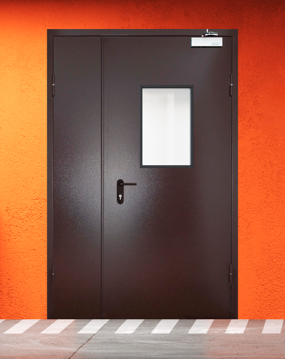 Противопожарная полуторная коричневая дверь порошковым напылением EIS 60 с прямоугольным окном