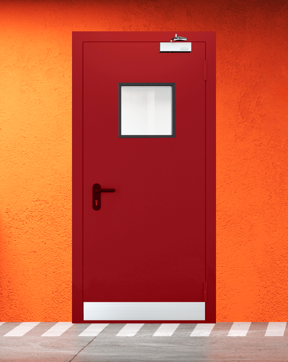 Противопожарная однопольная красная дверь EIW 45 с квадратным окном, узким отбойником