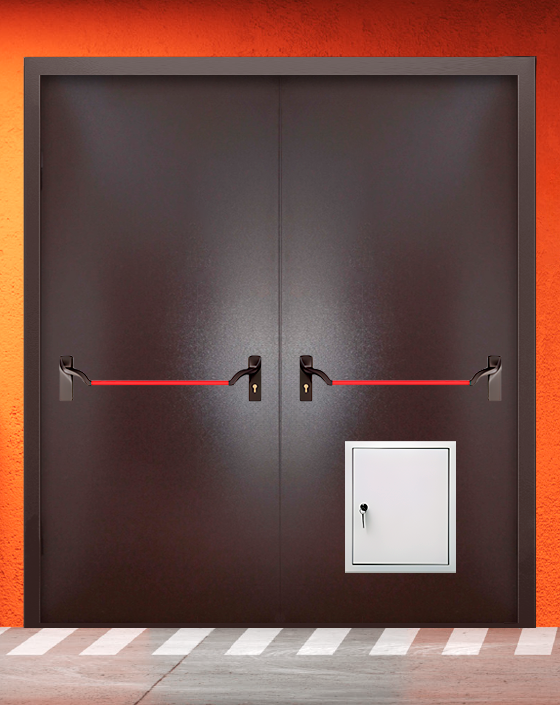 Противопожарная двупольная коричневая дверь порошковым напылением EIWS 60 без доводчика с ручкой антипаника, стыковочным узлом