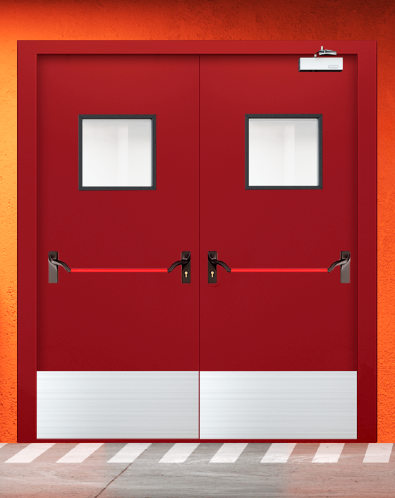 Противопожарная двупольная красная дверь EIW 45 с ручкой антипаника, квадратным окном, широким отбойником