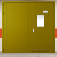 Ворота металлические двустворчатые желтые с дверью, окном, доводчиком и блестящей ручкой