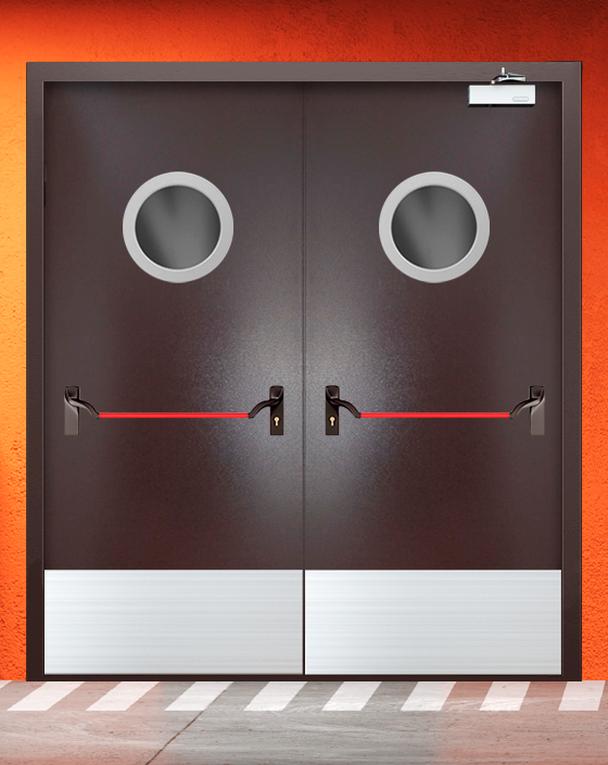 Противопожарная двупольная коричневая дверь порошковым напылением EIWS 60 с ручкой антипаника, круглым окном, широким отбойником